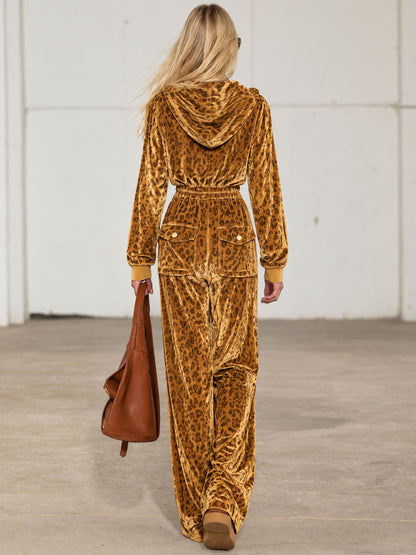 Casual Retro Zip-up Striped Leopard Print Gold Velvet Hooded Jumpsuit