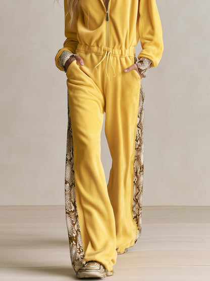 Retro Cozy Snake Print Panel Hooded Zip-Up Fleece Drawstring Wide Leg Jumpsuit