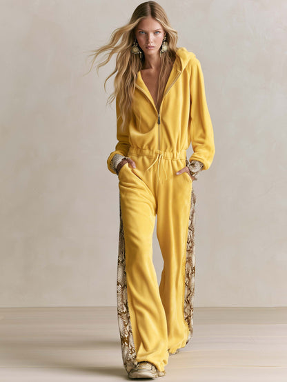Retro Cozy Snake Print Panel Hooded Zip-Up Fleece Drawstring Wide Leg Jumpsuit