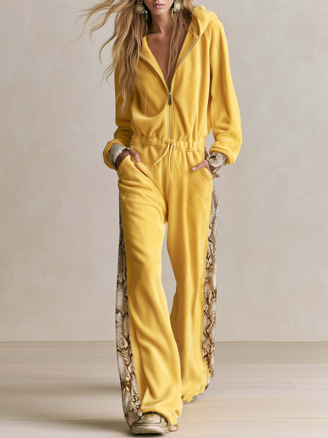 Retro Cozy Snake Print Panel Hooded Zip-Up Fleece Drawstring Wide Leg Jumpsuit