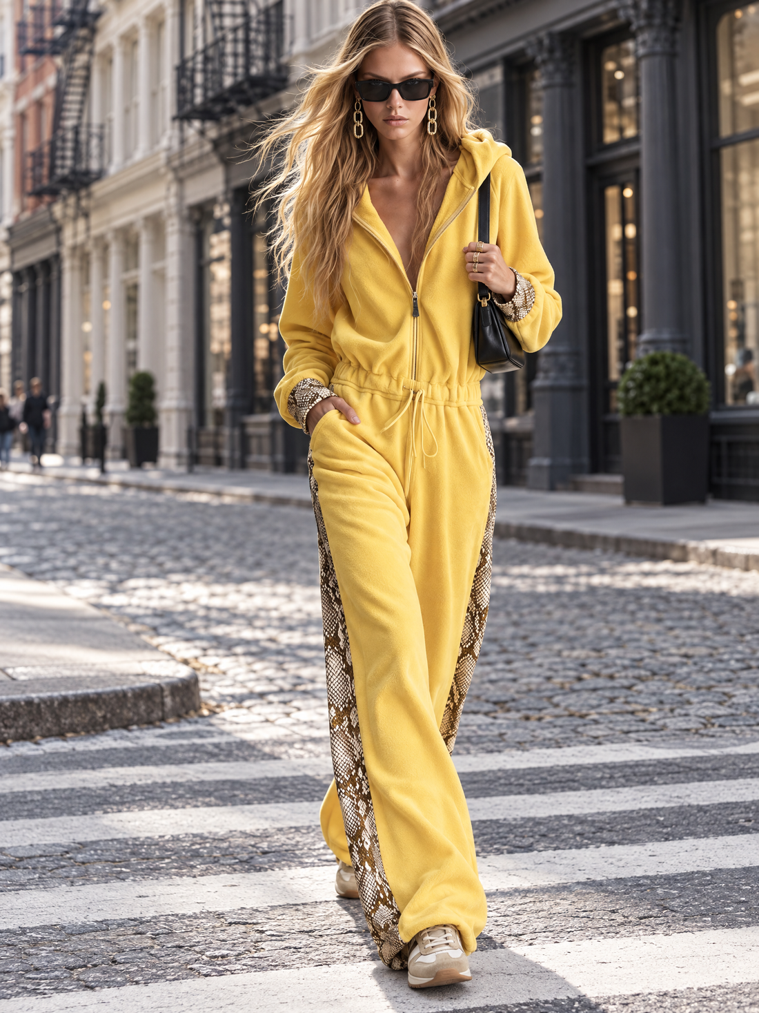 Retro Cozy Snake Print Panel Hooded Zip-Up Fleece Drawstring Wide Leg Jumpsuit