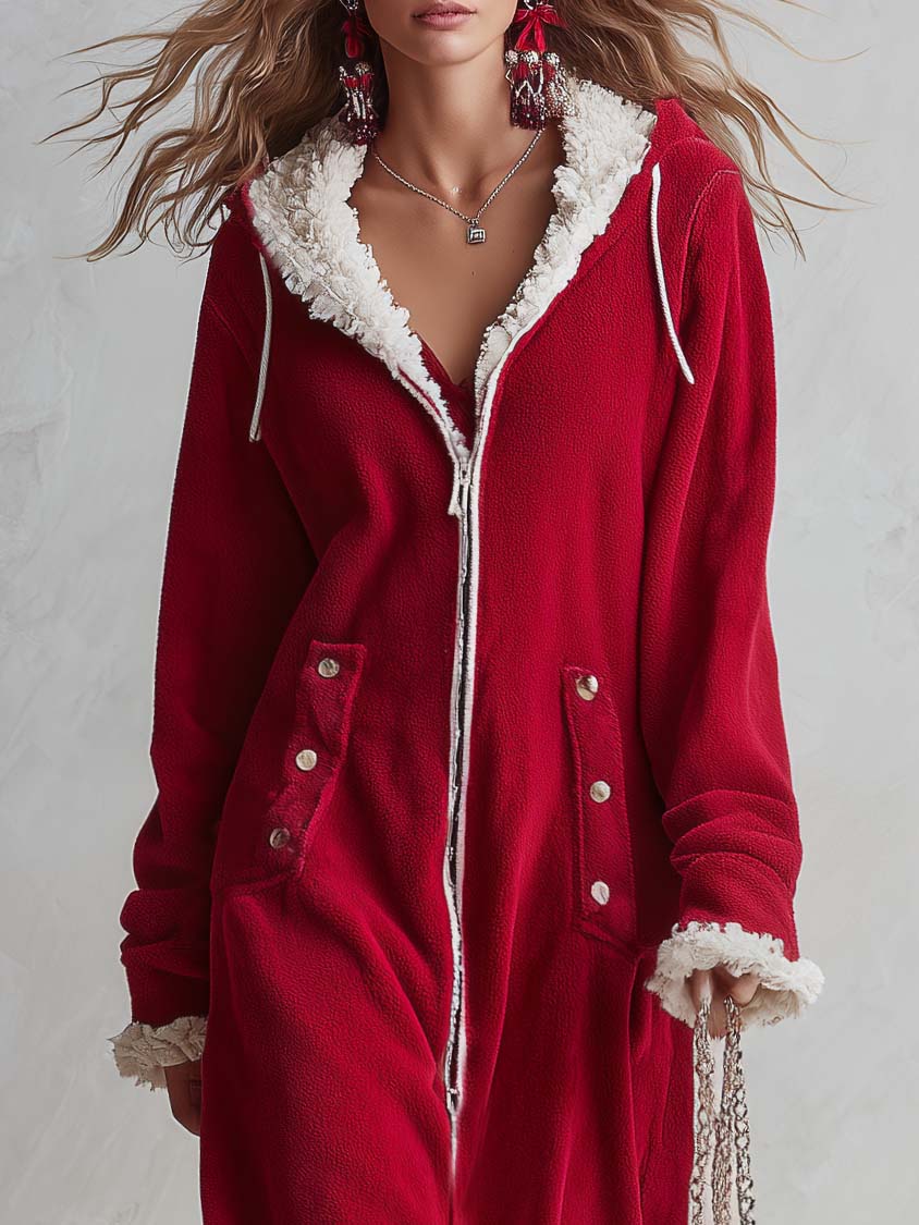 Cozy Retro Red Sherpa Trim Hooded Zip-Up Fleece Hoodie Maxi Dress