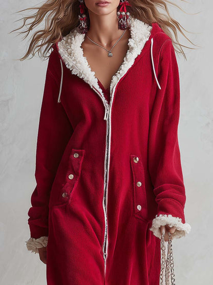 Cozy Retro Red Sherpa Trim Hooded Zip-Up Fleece Hoodie Maxi Dress