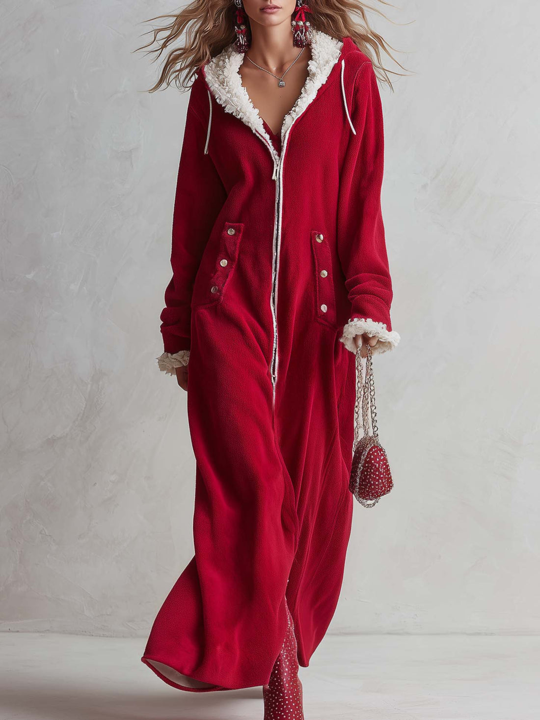 Cozy Retro Red Sherpa Trim Hooded Zip-Up Fleece Hoodie Maxi Dress