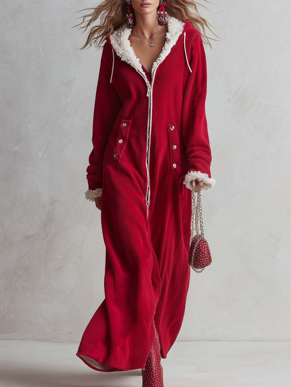 Cozy Retro Red Sherpa Trim Hooded Zip-Up Fleece Hoodie Maxi Dress