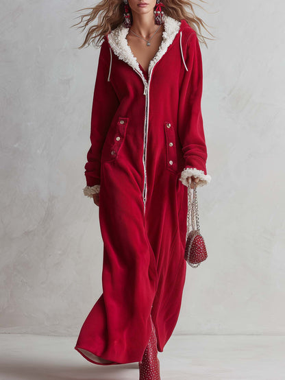 Cozy Retro Red Sherpa Trim Hooded Zip-Up Fleece Hoodie Maxi Dress