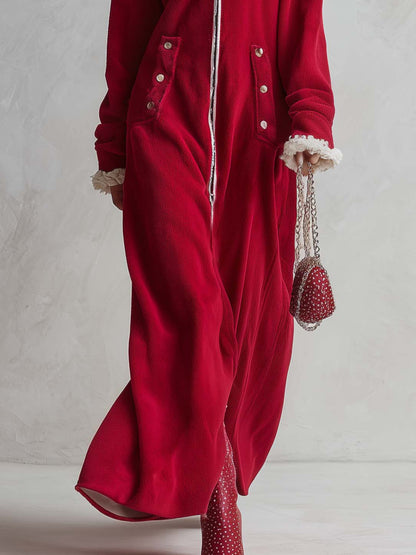 Cozy Retro Red Sherpa Trim Hooded Zip-Up Fleece Hoodie Maxi Dress