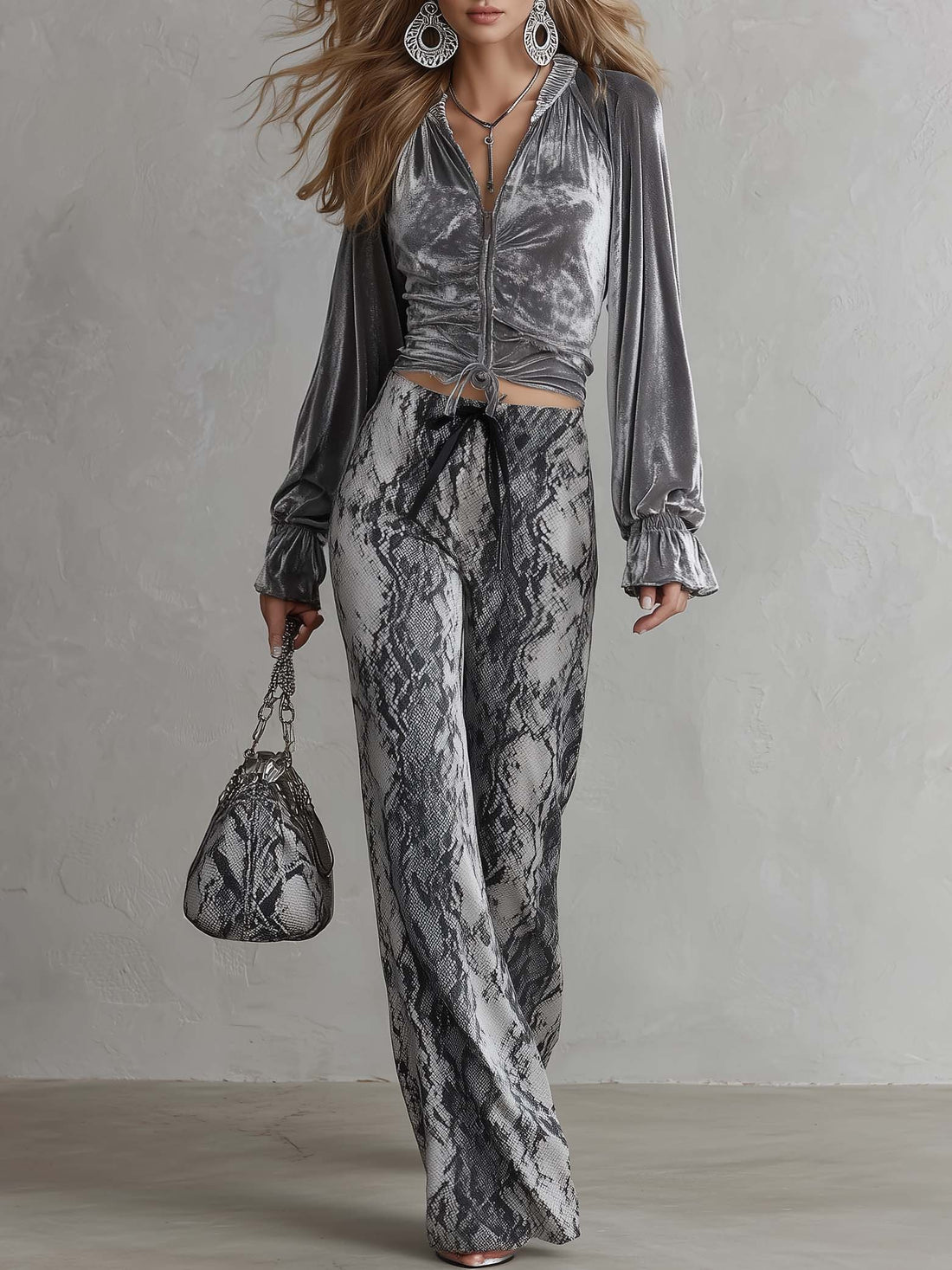 Vintage Glam Velvet Balloon Sleeve Top Snakeskin Wide Leg Two Piece Set