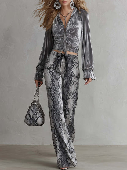 Vintage Glam Velvet Balloon Sleeve Top Snakeskin Wide Leg Two Piece Set