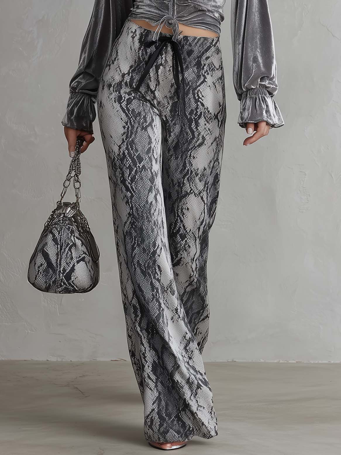 Vintage Glam Velvet Balloon Sleeve Top Snakeskin Wide Leg Two Piece Set