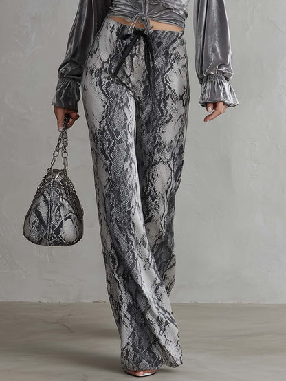 Vintage Glam Velvet Balloon Sleeve Top Snakeskin Wide Leg Two Piece Set