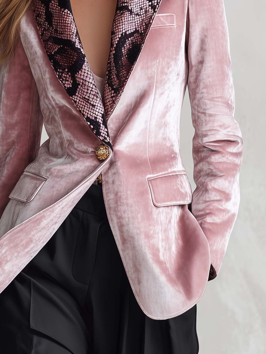 Vintage Glam Snake Print Lapel Pink Crushed Velvet Single Button Tailored Womens Blazer