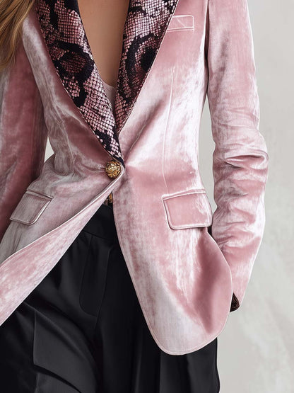 Vintage Glam Snake Print Lapel Pink Crushed Velvet Single Button Tailored Womens Blazer