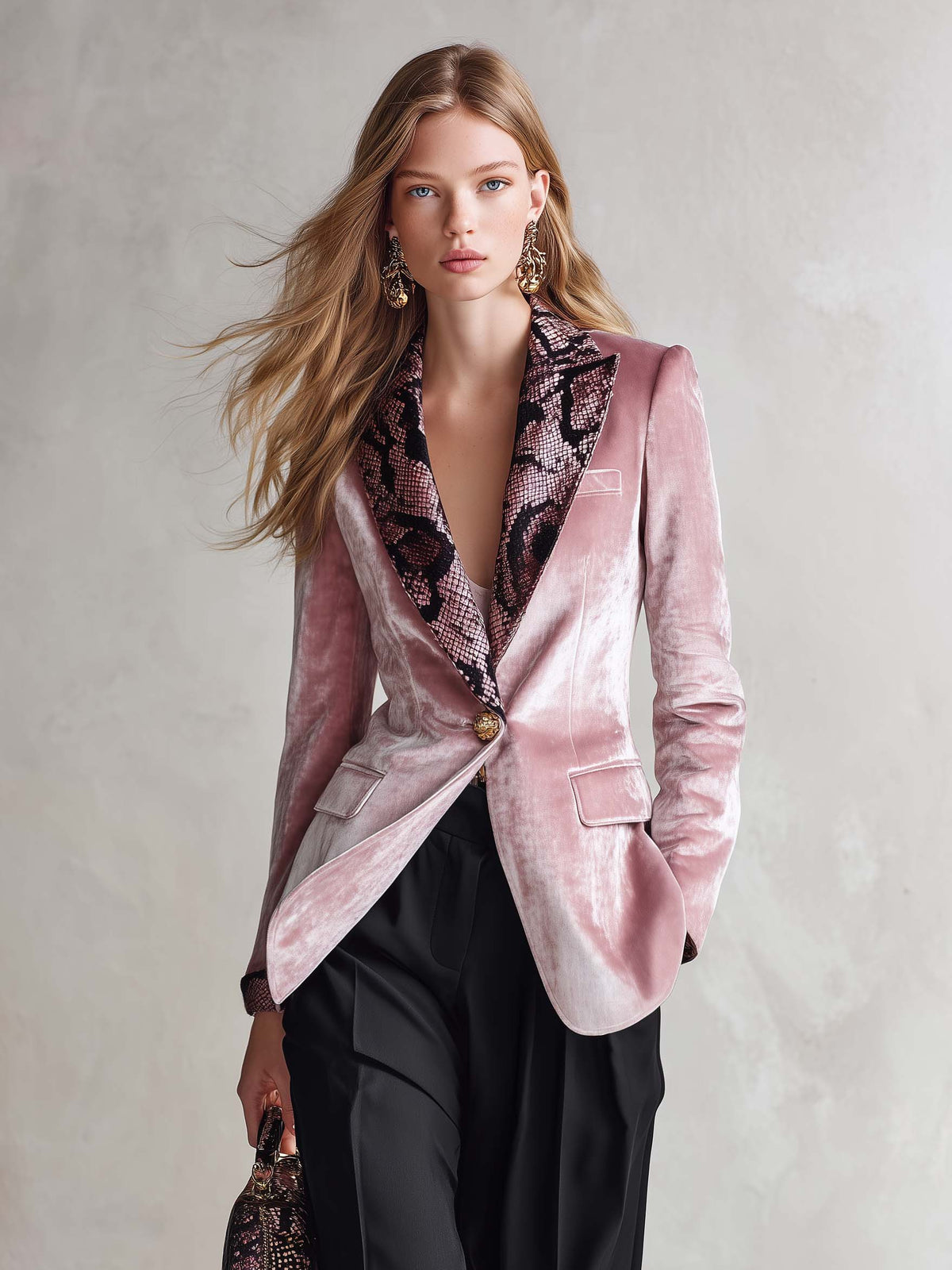 Vintage Glam Snake Print Lapel Pink Crushed Velvet Single Button Tailored Womens Blazer