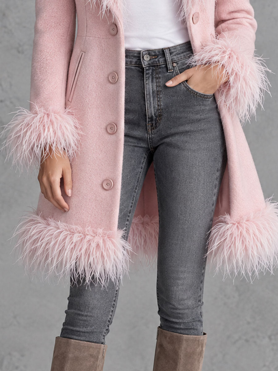 Retro Chic And Elegant Faux Frayed Pink Wool Blend Coat