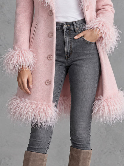 Retro Chic And Elegant Faux Frayed Pink Wool Blend Coat