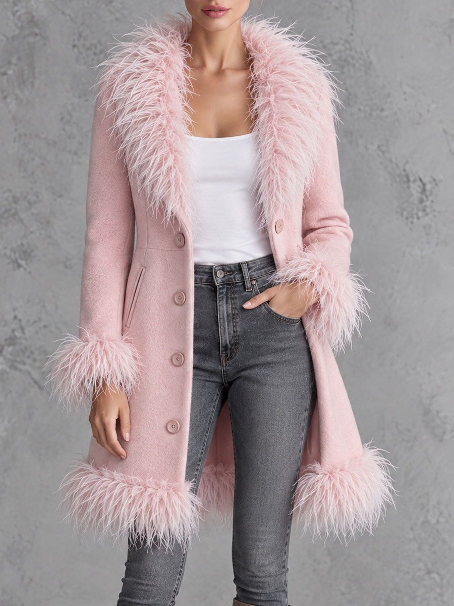 Retro Chic And Elegant Faux Frayed Pink Wool Blend Coat