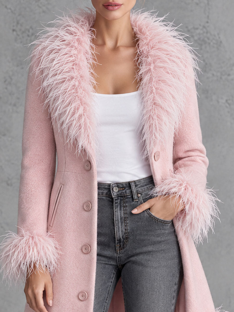 Retro Chic And Elegant Faux Frayed Pink Wool Blend Coat