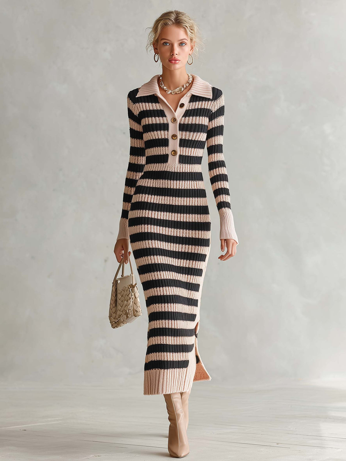 Preppy Striped Polo Collar Half-Button Ribbed Knit Long Sleeve Slit Sweater Midi Dress