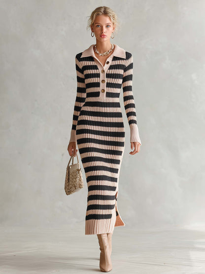 Preppy Striped Polo Collar Half-Button Ribbed Knit Long Sleeve Slit Sweater Midi Dress