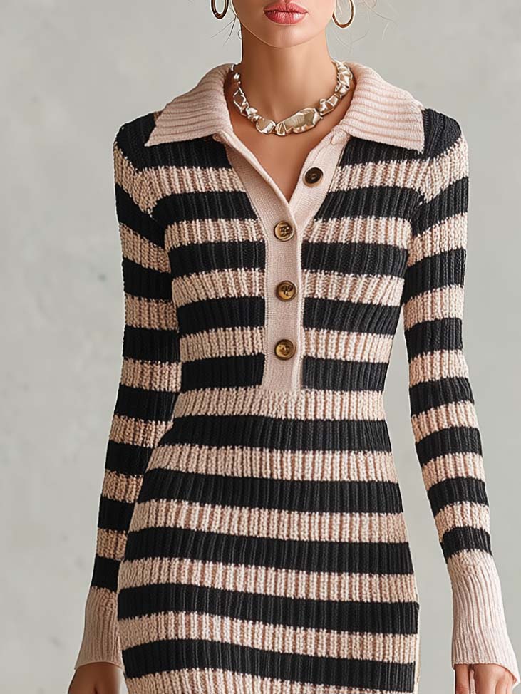 Preppy Striped Polo Collar Half-Button Ribbed Knit Long Sleeve Slit Sweater Midi Dress
