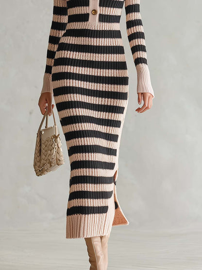 Preppy Striped Polo Collar Half-Button Ribbed Knit Long Sleeve Slit Sweater Midi Dress