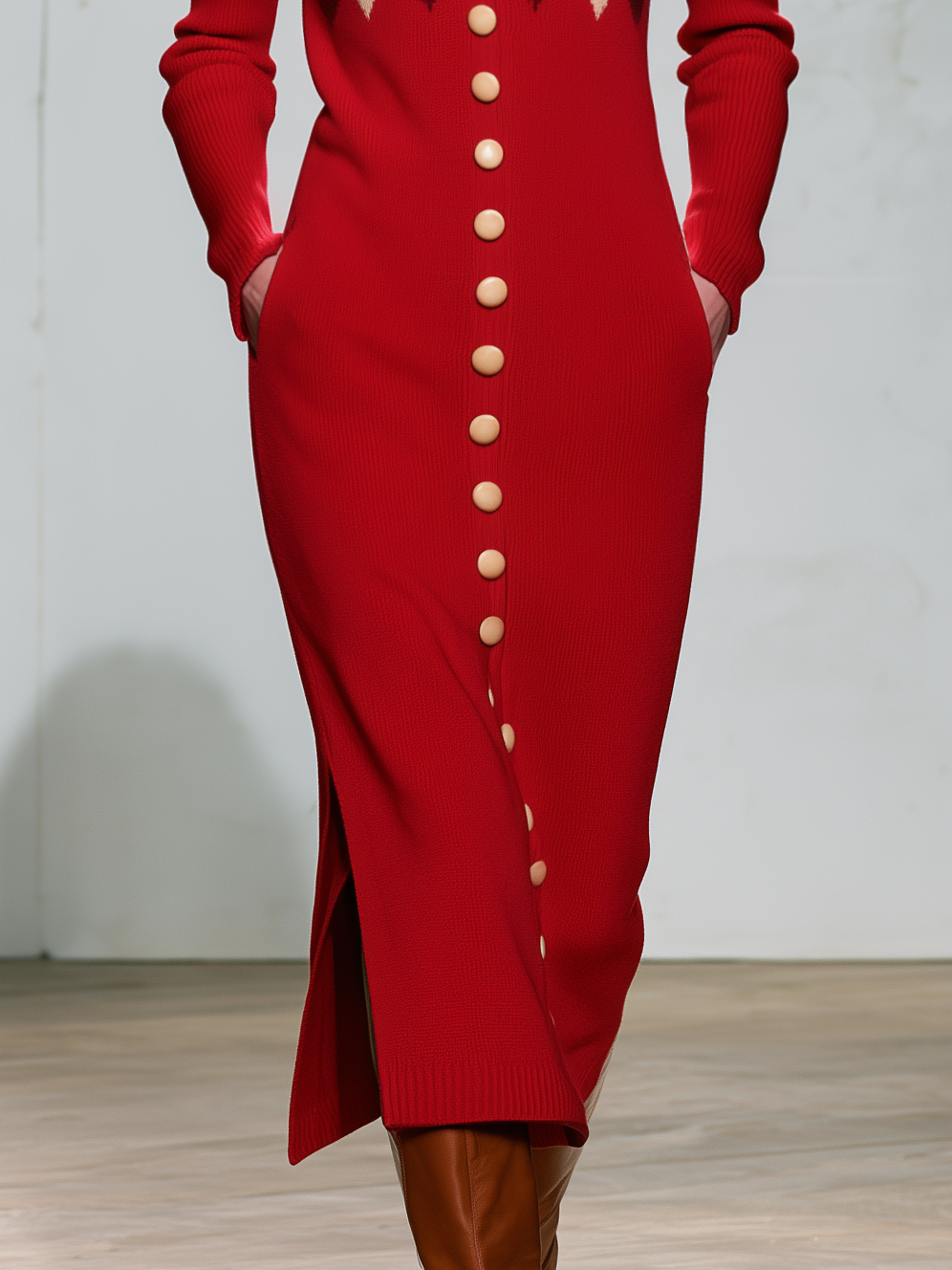 Vintage Elegant Red Plaid Wool Blend Knit Maxi Dress