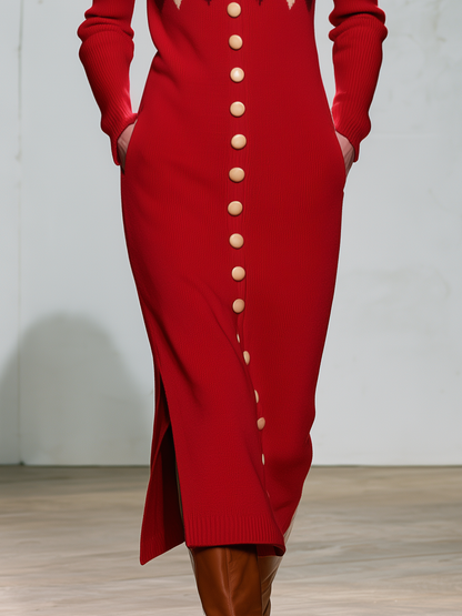 Vintage Elegant Red Plaid Wool Blend Knit Maxi Dress