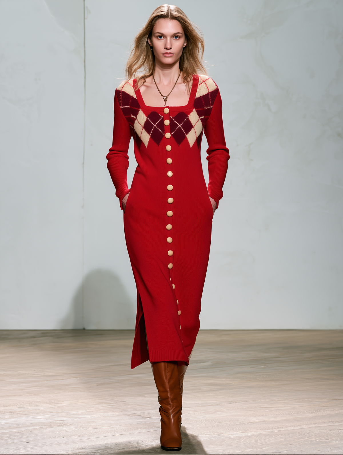Vintage Elegant Red Plaid Wool Blend Knit Maxi Dress