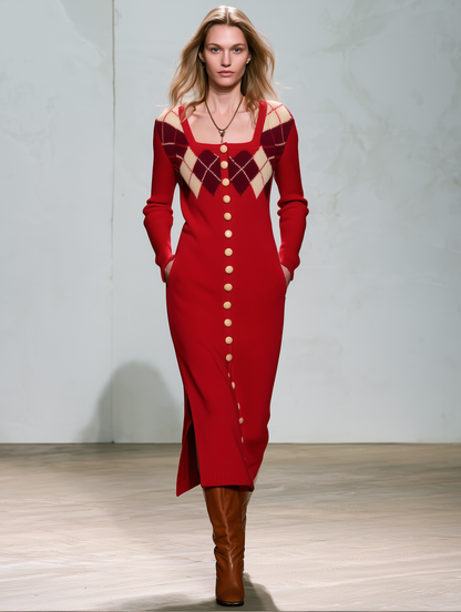 Vintage Elegant Red Plaid Wool Blend Knit Maxi Dress