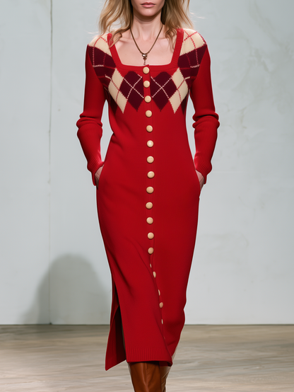 Vintage Elegant Red Plaid Wool Blend Knit Maxi Dress