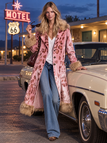 Retro Elegant Pink Leopard Velvet Faux Fur Trim Longline Coat