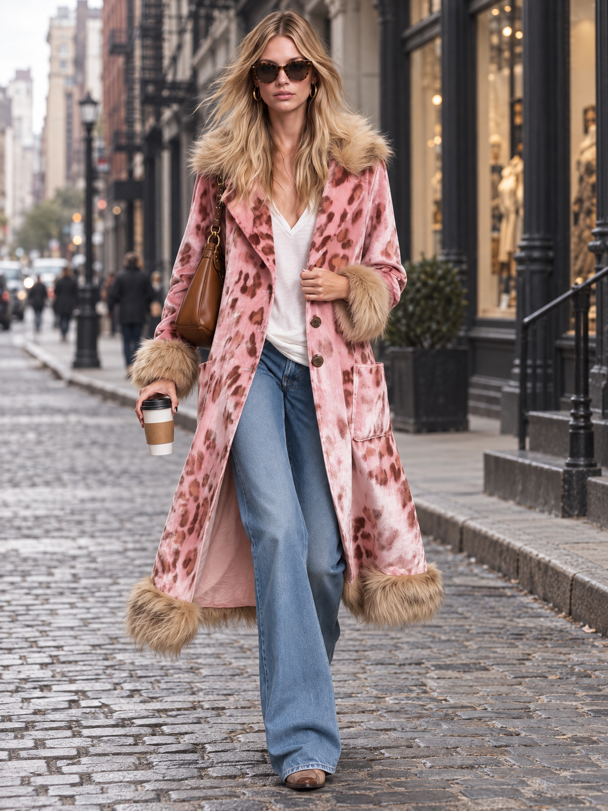 Retro Elegant Pink Leopard Velvet Faux Fur Trim Longline Coat
