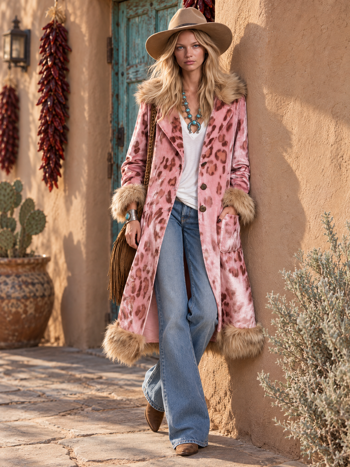 Retro Elegant Pink Leopard Velvet Faux Fur Trim Longline Coat