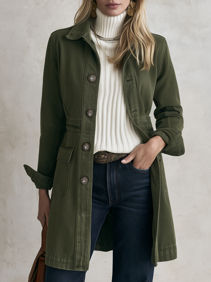 Vintage Military Olive Button Longline Utility Womens Coat