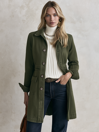 Vintage Military Olive Button Longline Utility Womens Coat