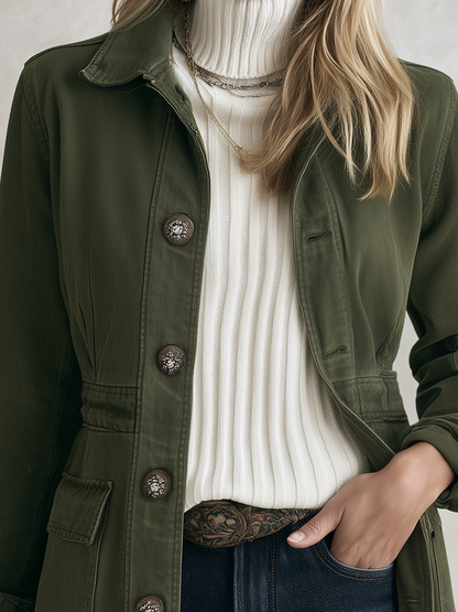 Vintage Military Olive Button Longline Utility Womens Coat