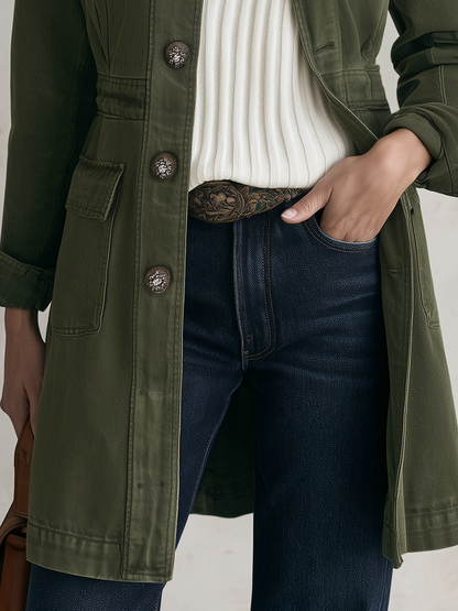 Vintage Military Olive Button Longline Utility Womens Coat