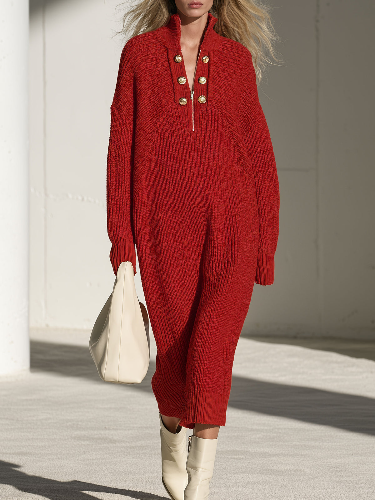 Fashionable Retro Gold Button Half-zip Red Knit Midi Dress