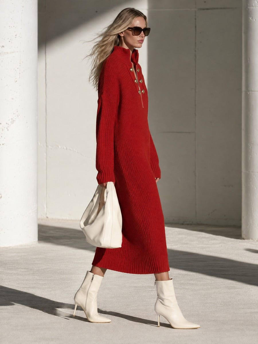 Fashionable Retro Gold Button Half-zip Red Knit Midi Dress