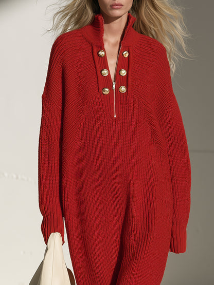 Fashionable Retro Gold Button Half-zip Red Knit Midi Dress