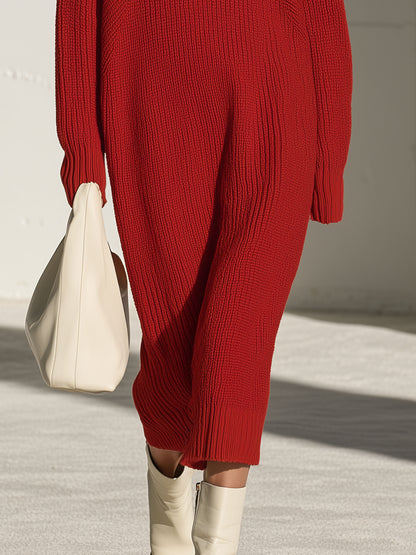 Fashionable Retro Gold Button Half-zip Red Knit Midi Dress