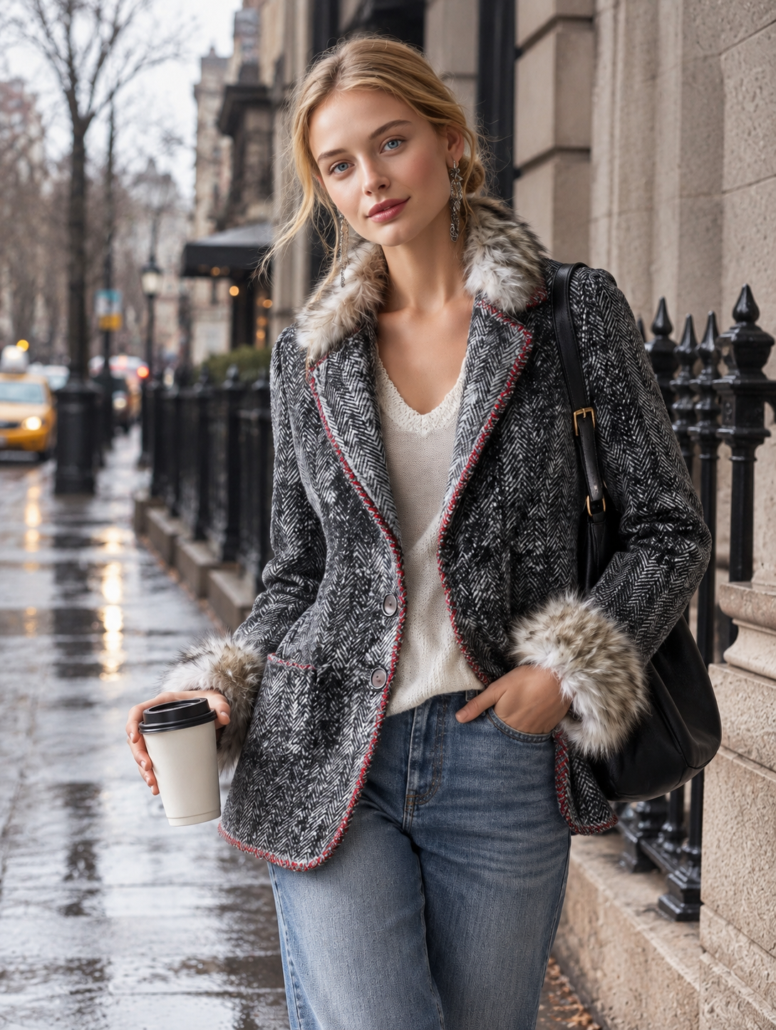 Classic Faux-Raw-Edge Grey Herringbone Wool-Blend Blazer
