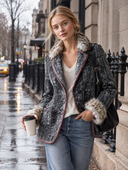 Classic Faux-Raw-Edge Grey Herringbone Wool-Blend Blazer