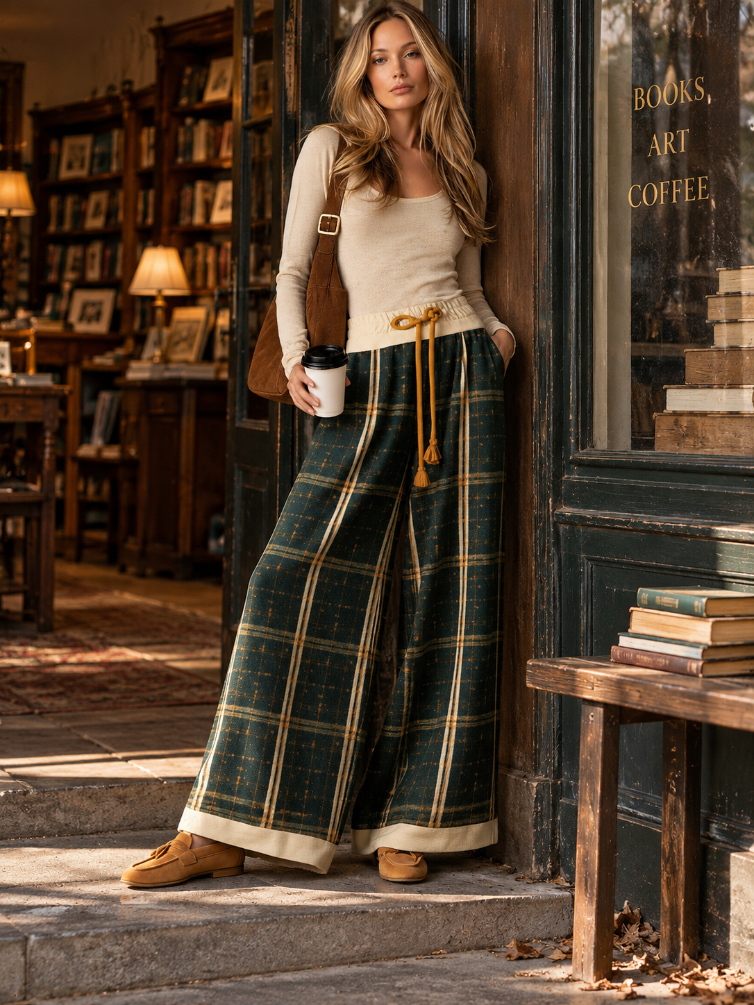 Retro Beige Long-sleeve T-shirt and Green Plaid Wool-blend Wide-leg Trousers Set
