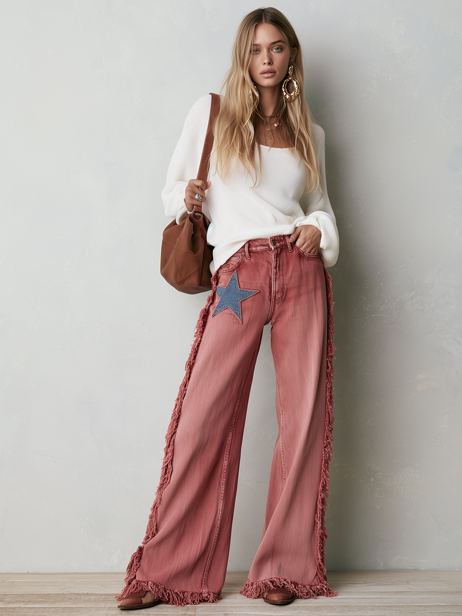 Retro Western Star Patch Fringe Wide Leg Women&