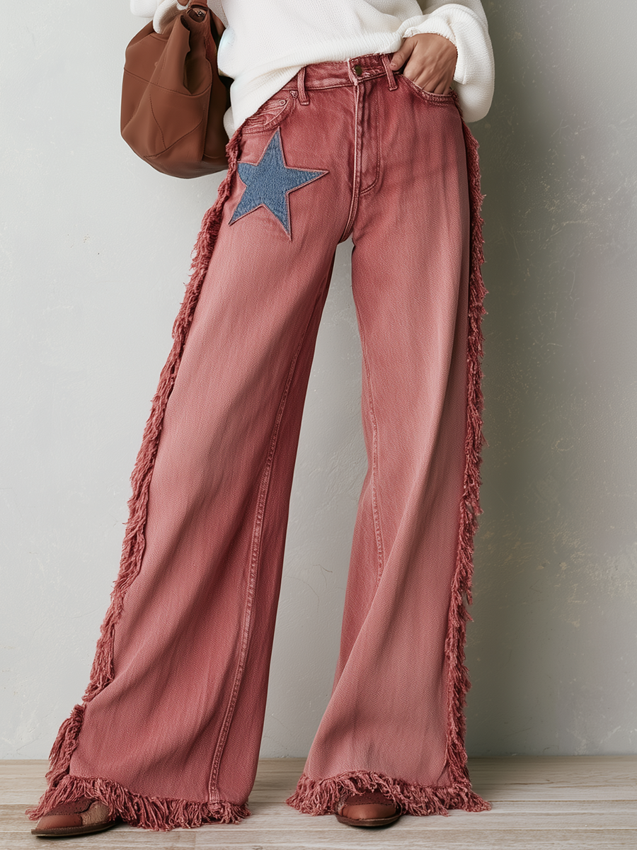 Retro Western Star Patch Fringe Wide Leg Women&