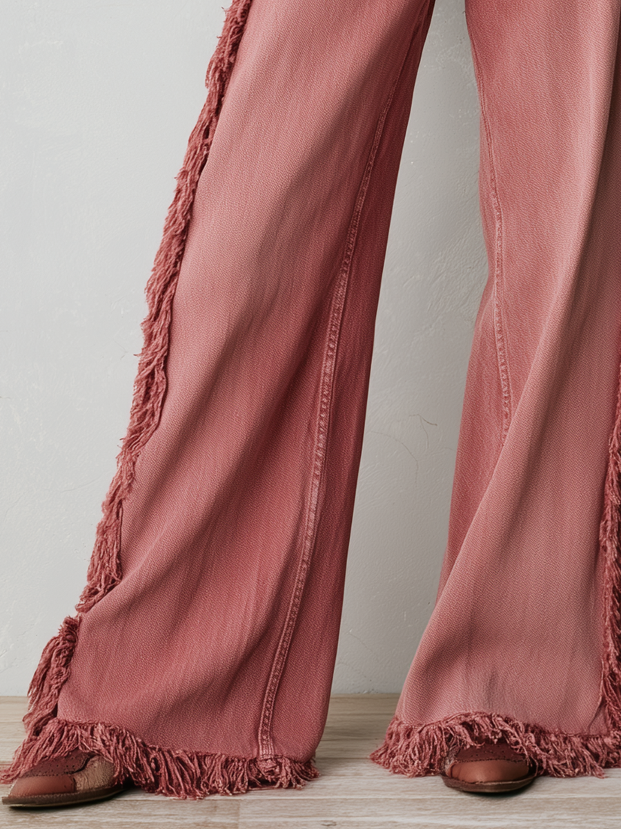 Retro Western Star Patch Fringe Wide Leg Women&