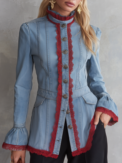Victorian Western Lace Trim Light Wash Denim Womens Jacket