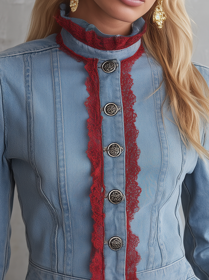 Victorian Western Lace Trim Light Wash Denim Womens Jacket
